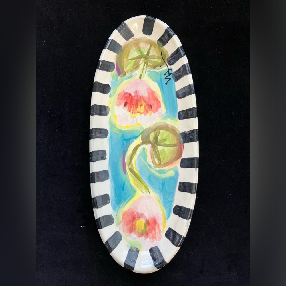 Handmade Ceramic Serving Tray Lotus Buds Design On Aqua 13” x5.5”Original